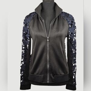 Trouvé Black Navy Floral Lace Sleeve & Back Zip Jacket Size S